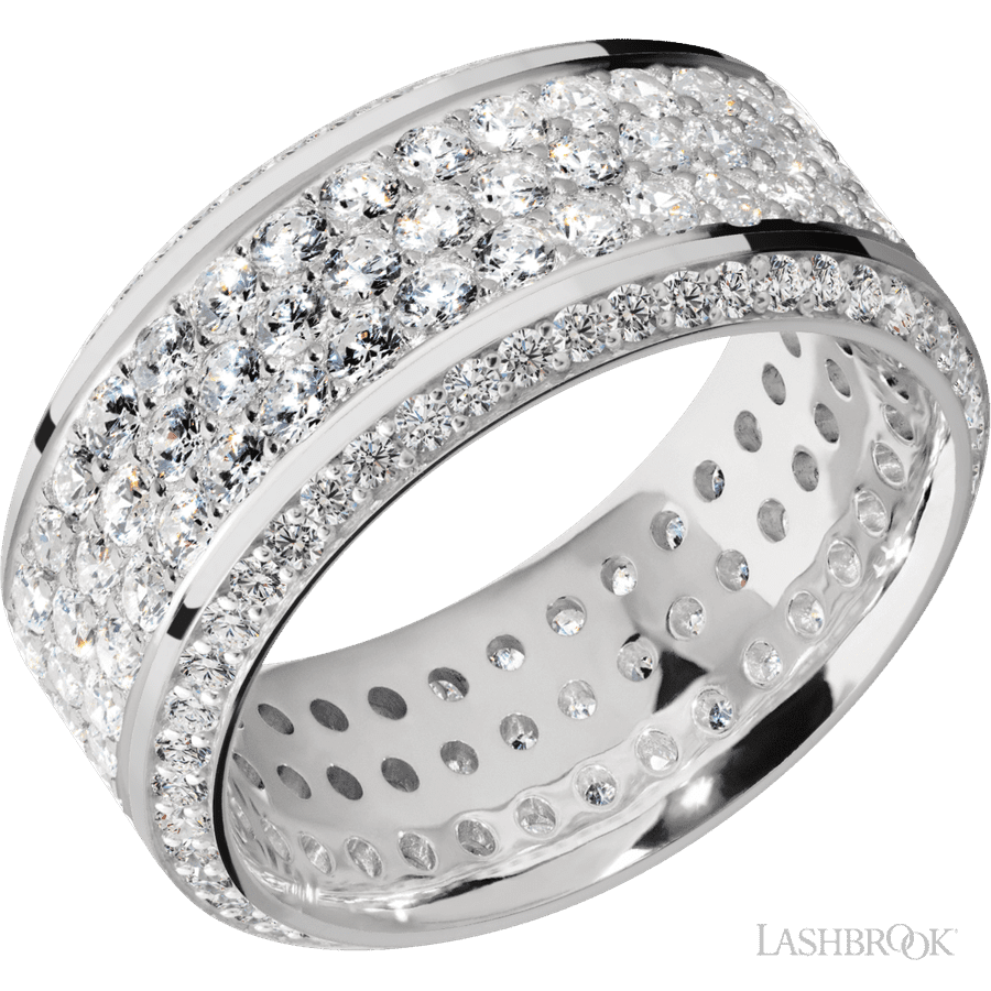 10 mm wide/High Bevel/14K White Gold band with a Bevel Eternity arrangement of .01 carat Round Diamond stones in a Bead setting and featuring a a 3 Row Eternity arrangement of .03 carat Round Diamond stones in a Bead Channel setting