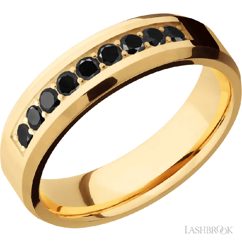 6 mm wide/Beveled/14K Yellow Gold band with an  arrangement of 9, .05 carat Round Black Diamond stones in a Bead Channel setting.