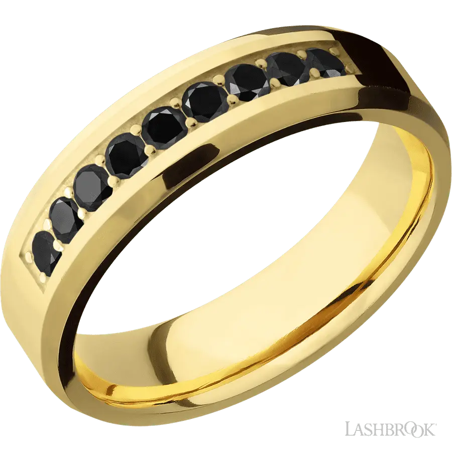 "6 mm wide/Beveled/14K Yellow Gold band with an arrangement of 9, .05 carat Round Black Diamond stones in a Bead Channel sett