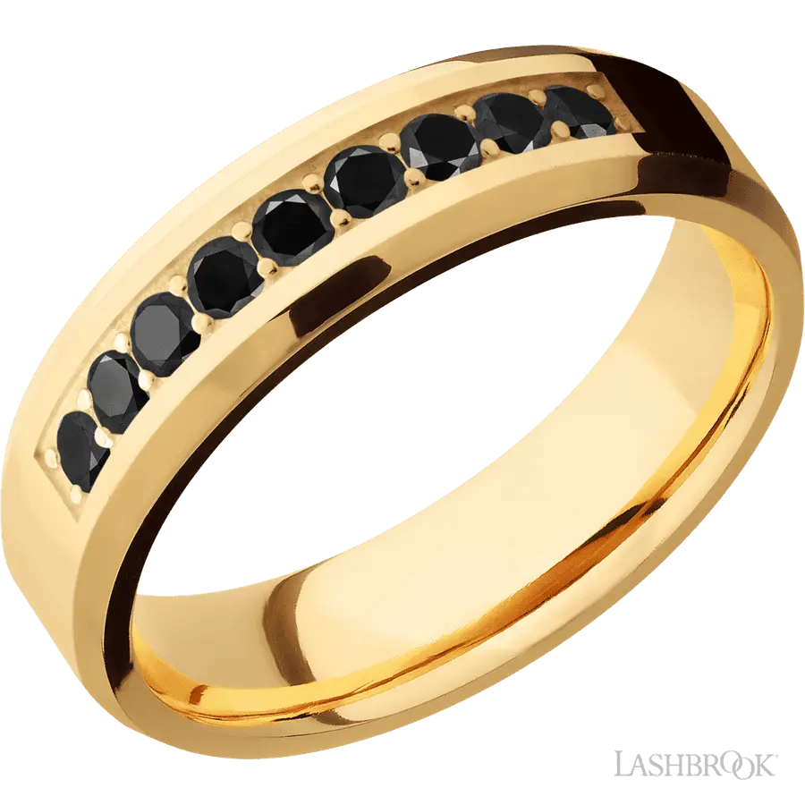 6 mm wide/Beveled/14K Yellow Gold band with an  arrangement of 9, .05 carat Round Black Diamond stones in a Bead Channel setting.