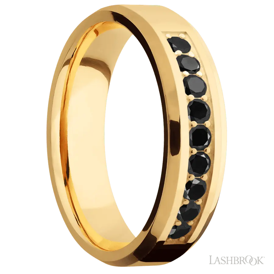 6 mm wide/Beveled/14K Yellow Gold band with an  arrangement of 9, .05 carat Round Black Diamond stones in a Bead Channel setting.