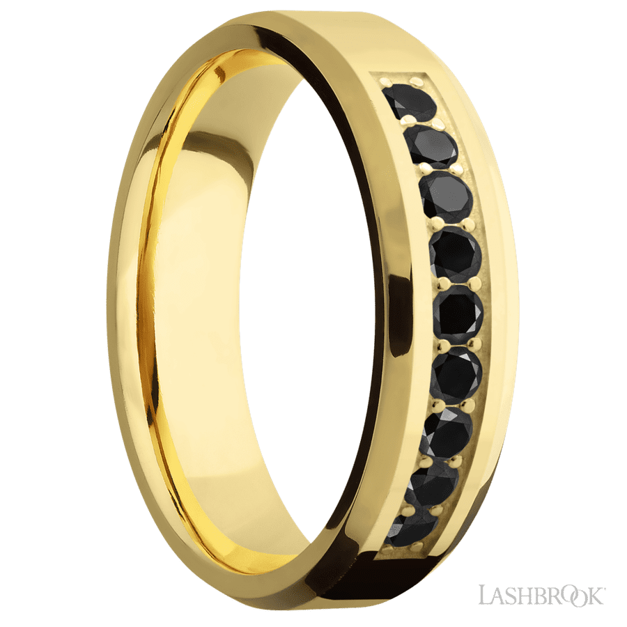 6 mm wide/Beveled/14K Yellow Gold band with an  arrangement of 9, .05 carat Round Black Diamond stones in a Bead Channel setting.