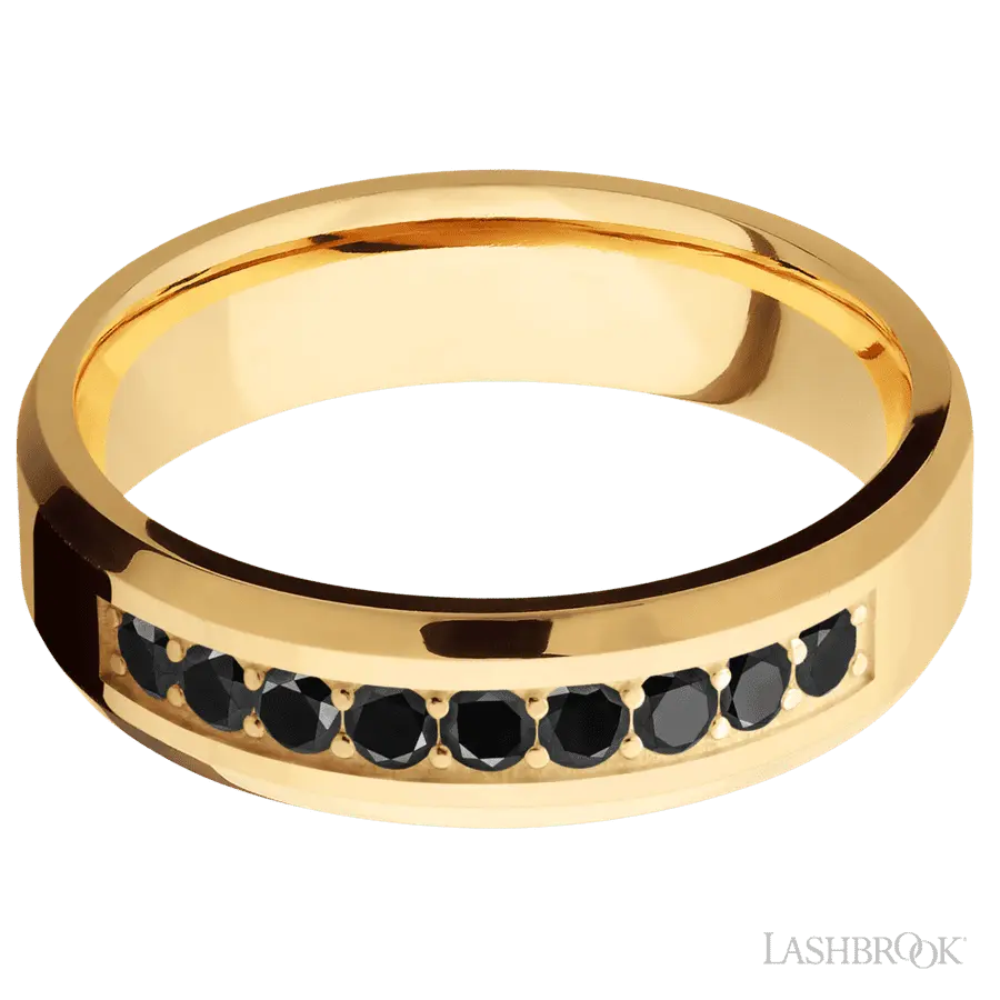 6 mm wide/Beveled/14K Yellow Gold band with an  arrangement of 9, .05 carat Round Black Diamond stones in a Bead Channel setting.