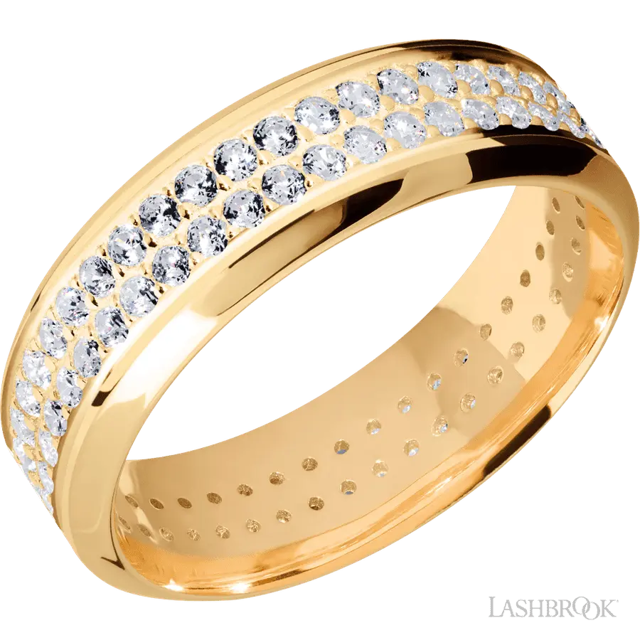 7 mm wide/High Bevel/14K Yellow Gold band with a 2 Row Eternity arrangement of .015 carat Round Diamond stones in a Bead Channel setting.