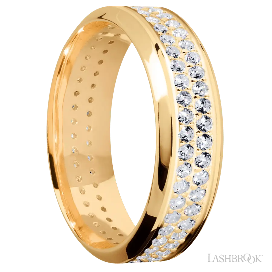 7 mm wide/High Bevel/14K Yellow Gold band with a 2 Row Eternity arrangement of .015 carat Round Diamond stones in a Bead Channel setting.