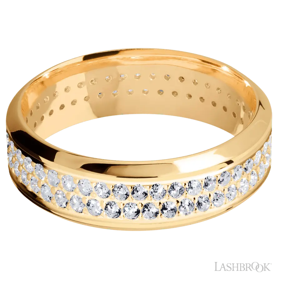 7 mm wide/High Bevel/14K Yellow Gold band with a 2 Row Eternity arrangement of .015 carat Round Diamond stones in a Bead Channel setting.