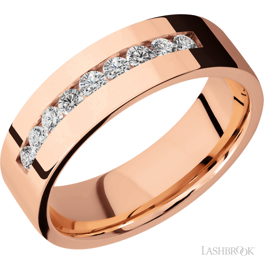 7 mm wide/Flat/14K Rose Gold band with an  arrangement of 9, .05 carat Round Diamond stones in a Channel setting.