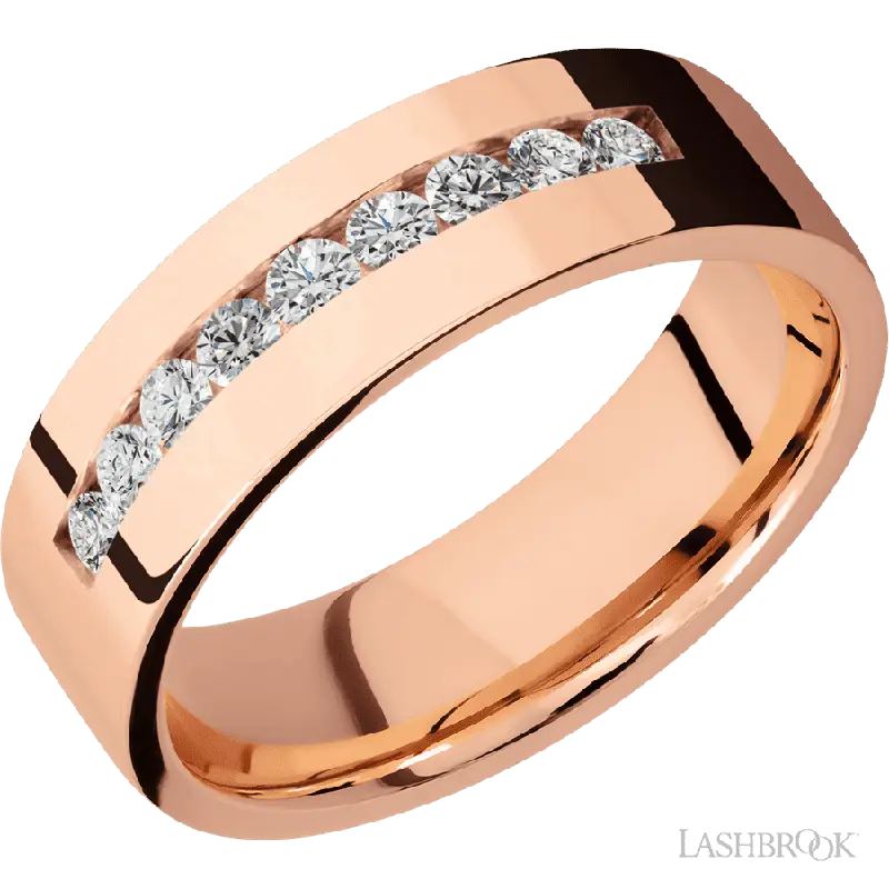 7 mm wide/Flat/14K Rose Gold band with an  arrangement of 9, .05 carat Round Diamond stones in a Channel setting.