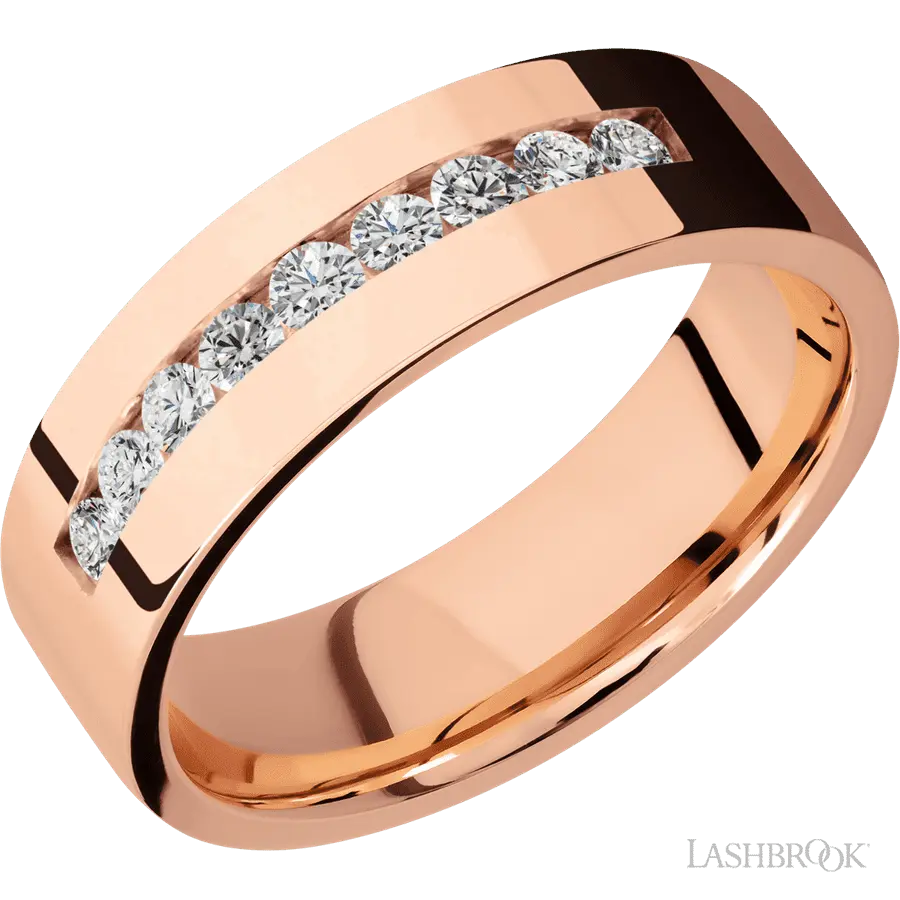 7 mm wide/Flat/14K Rose Gold band with an  arrangement of 9, .05 carat Round Diamond stones in a Channel setting. Lashbrook