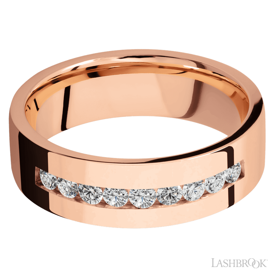 7 mm wide/Flat/14K Rose Gold band with an  arrangement of 9, .05 carat Round Diamond stones in a Channel setting.
