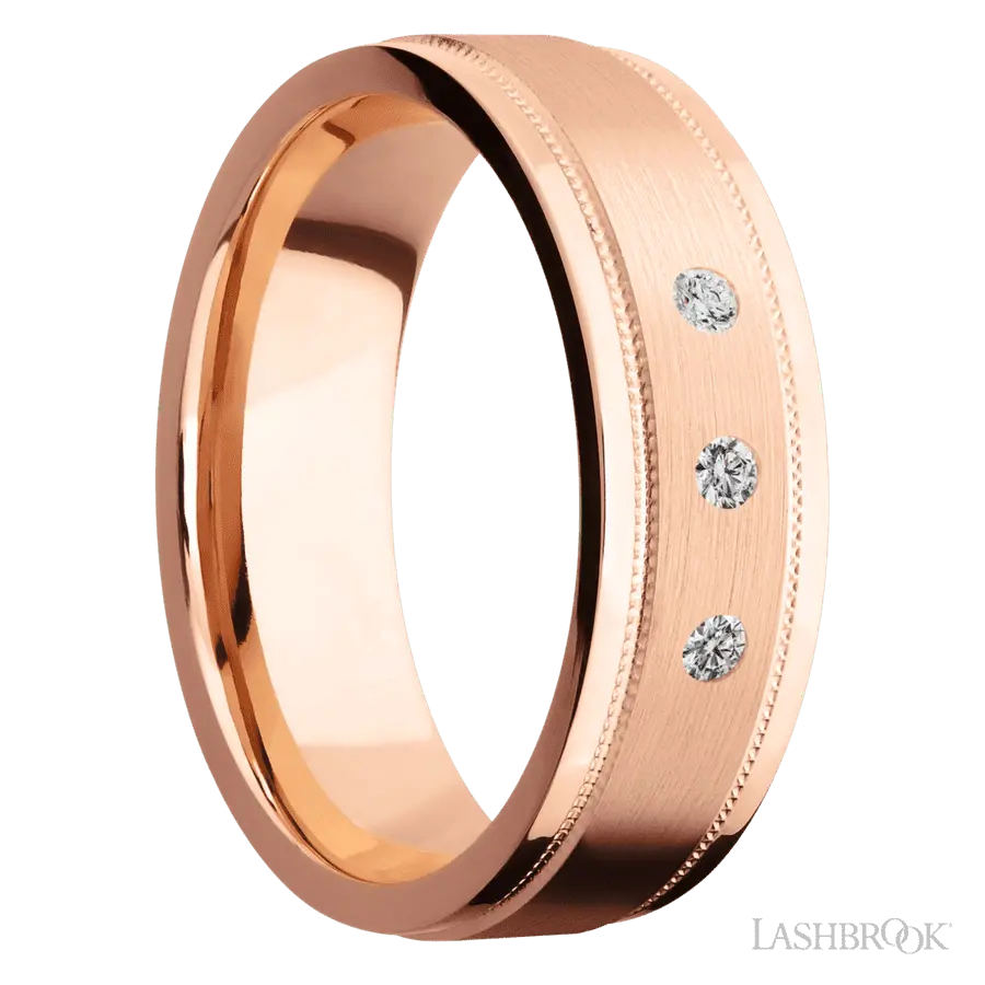 7 mm wide/Flat Stepped Edges Milgrain/14K Rose Gold band with an  arrangement of 3, .03 carat Round Diamond stones in a Flush setting.