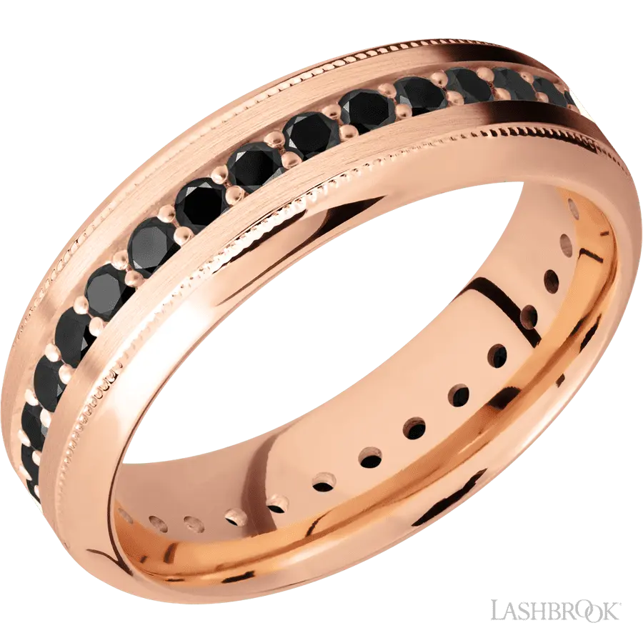 7 mm wide/High Bevel Milgrain/14K Rose Gold band with an Eternity arrangement of .03 carat Round Black Diamond stones in a Bead Channel setting.