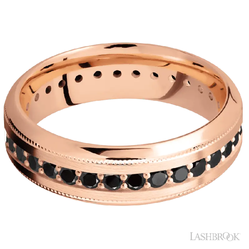 7 mm wide/High Bevel Milgrain/14K Rose Gold band with an Eternity arrangement of .03 carat Round Black Diamond stones in a Bead Channel setting.