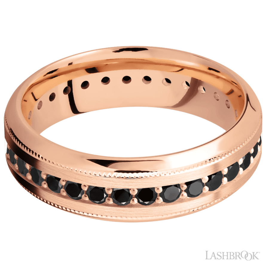 7 mm wide/High Bevel Milgrain/14K Rose Gold band with an Eternity arrangement of .03 carat Round Black Diamond stones in a Bead Channel setting.
