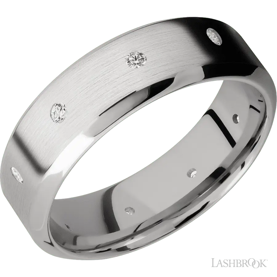 7 mm wide/High Bevel/14K White Gold band with a 9X Even arrangement of .03 carat Round Diamond stones in a Flush setting.