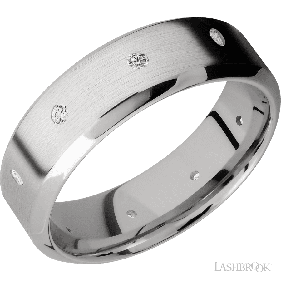 7 mm wide/High Bevel/14K White Gold band with a 9X Even arrangement of .03 carat Round Diamond stones in a Flush setting.