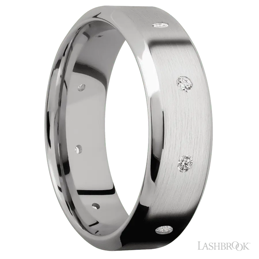 7 mm wide/High Bevel/14K White Gold band with a 9X Even arrangement of .03 carat Round Diamond stones in a Flush setting.