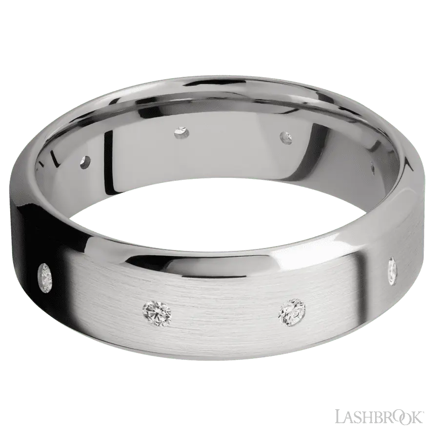 7 mm wide/High Bevel/14K White Gold band with a 9X Even arrangement of .03 carat Round Diamond stones in a Flush setting.