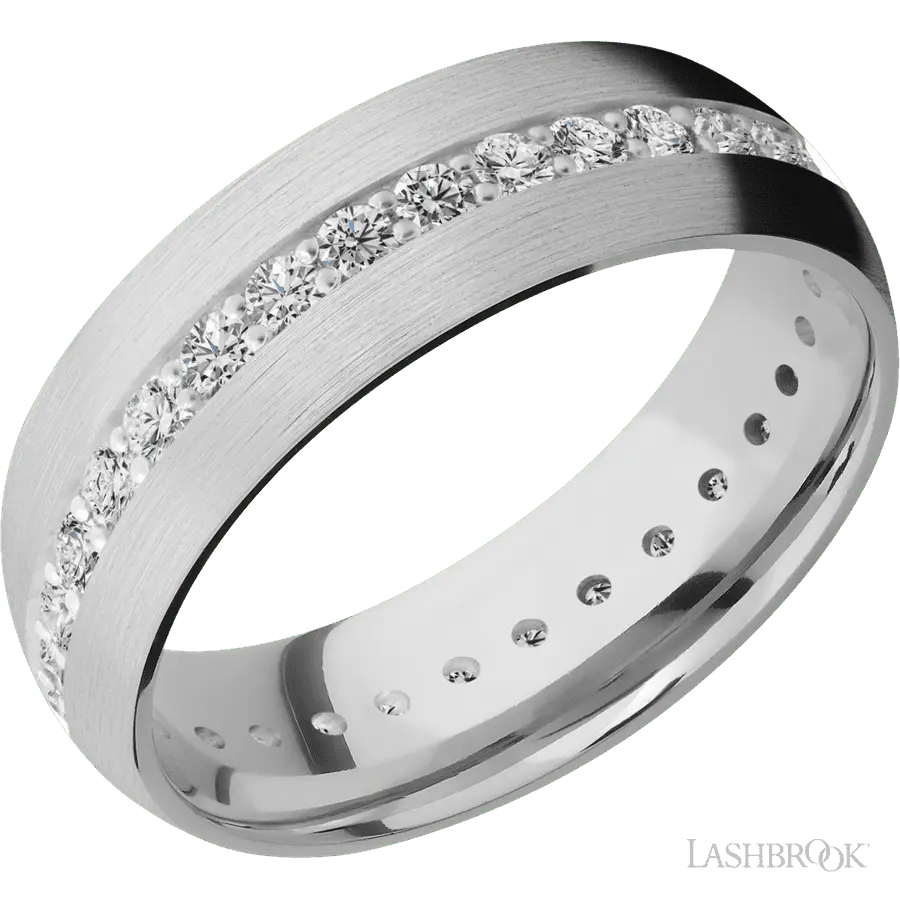 7 mm wide/Domed/14K White Gold band with an Eternity arrangement of .03 carat Round Diamond stones in a Bead Channel setting. Lashbrook