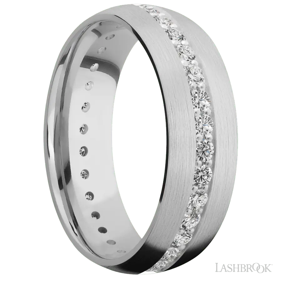 7 mm wide/Domed/14K White Gold band with an Eternity arrangement of .03 carat Round Diamond stones in a Bead Channel setting.