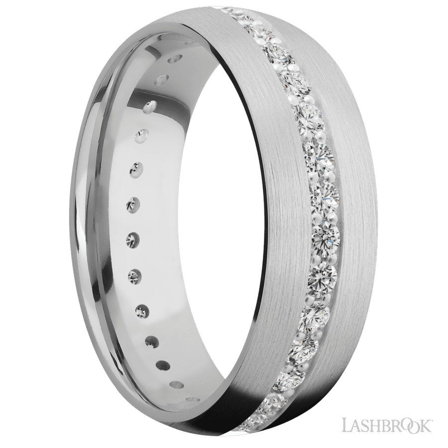 7 mm wide/Domed/14K White Gold band with an Eternity arrangement of .03 carat Round Diamond stones in a Bead Channel setting.