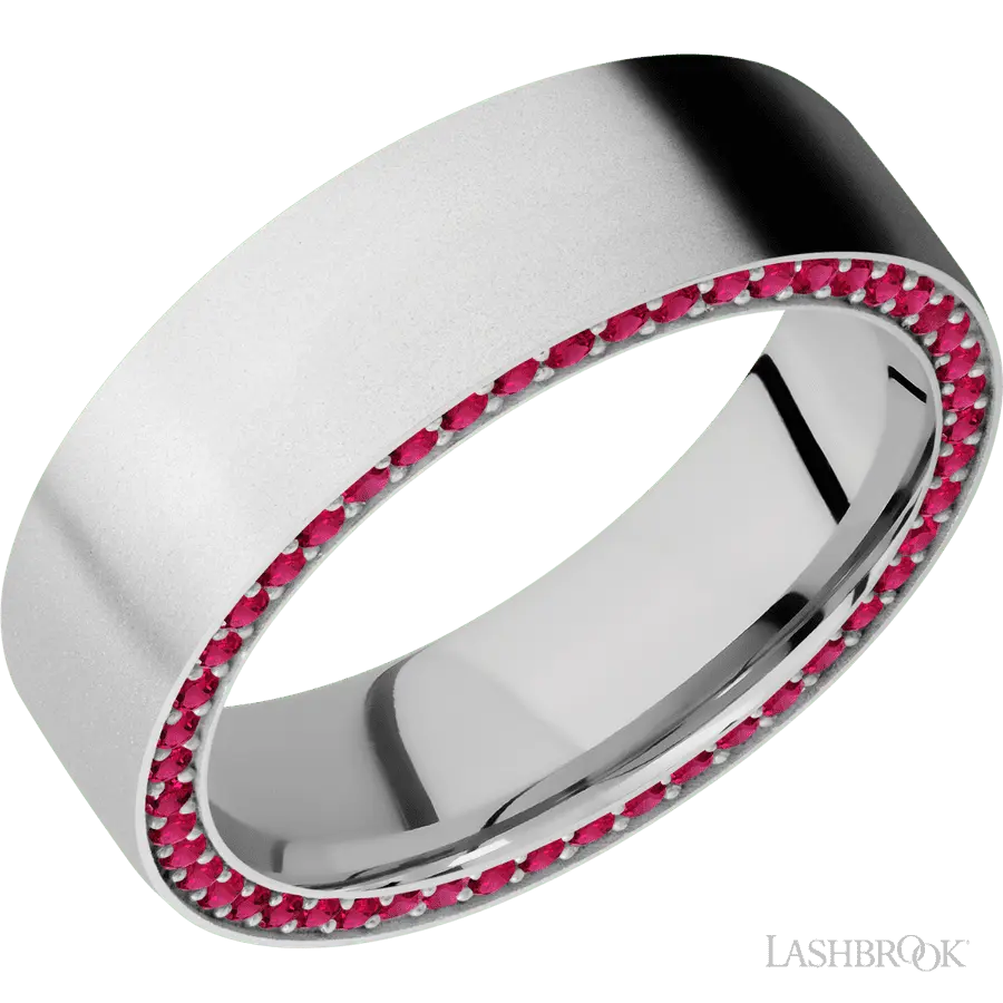 7 mm wide/Flat/14K White Gold band with a Side Eternity arrangement of .01 carat Round Ruby stones in a Bead Channel setting.