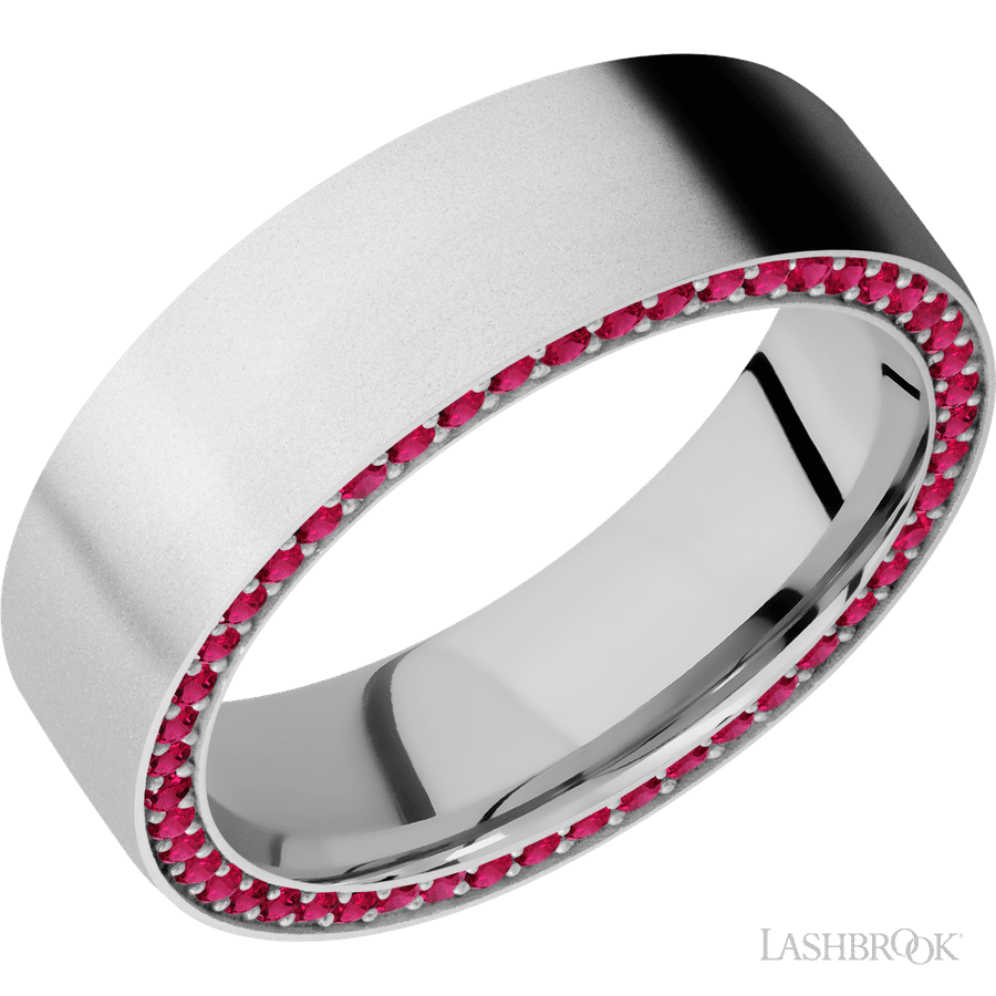 7 mm wide/Flat/14K White Gold band with a Side Eternity arrangement of .01 carat Round Ruby stones in a Bead Channel setting.