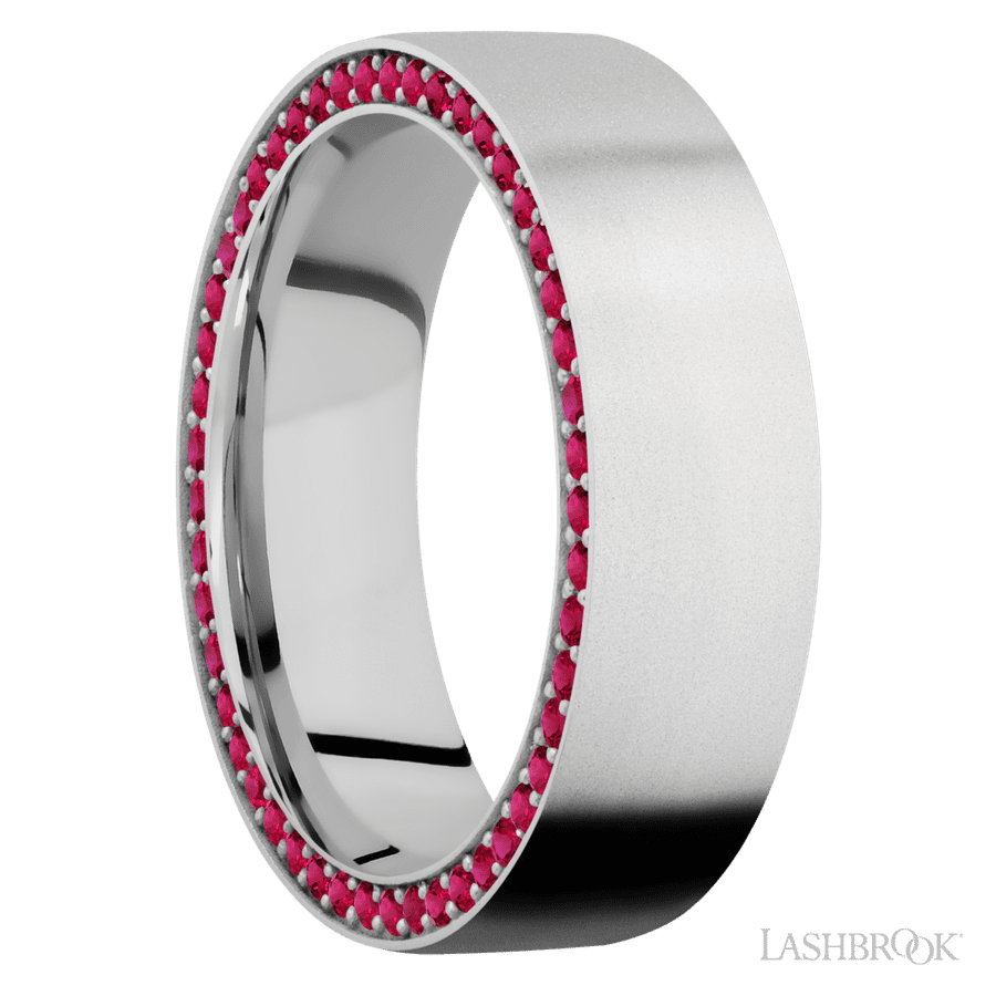 7 mm wide/Flat/14K White Gold band with a Side Eternity arrangement of .01 carat Round Ruby stones in a Bead Channel setting.