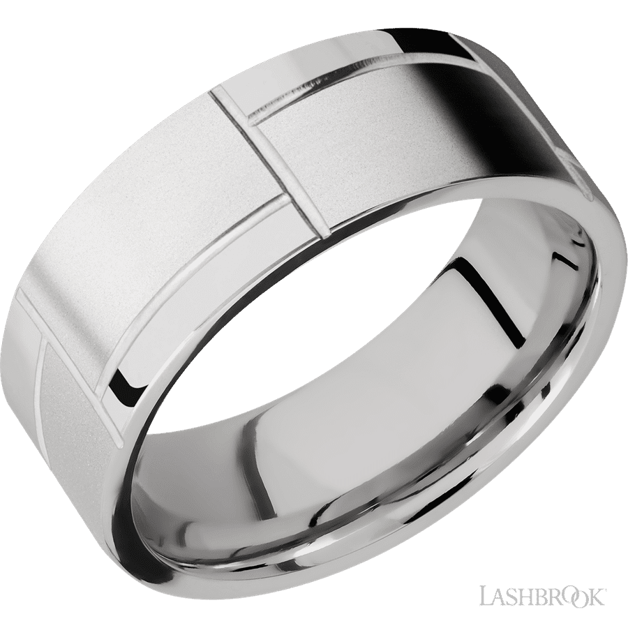 8 mm wide/Flat/14K White Gold band with a machined 3GOCHR pattern.