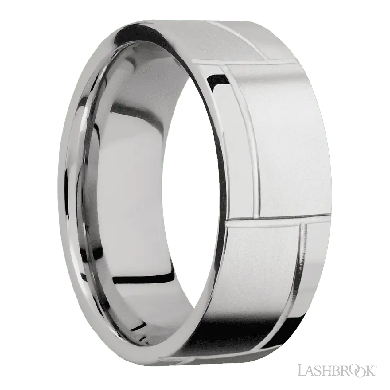 8 mm wide/Flat/14K White Gold band with a machined 3GOCHR pattern.