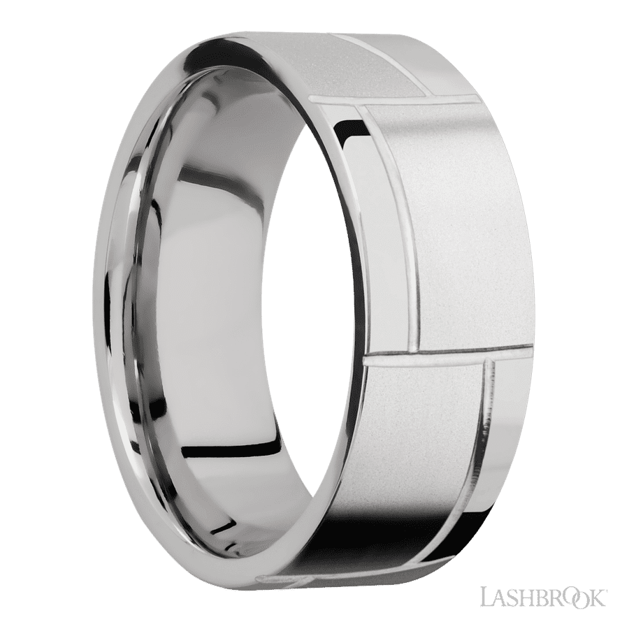 8 mm wide/Flat/14K White Gold band with a machined 3GOCHR pattern.