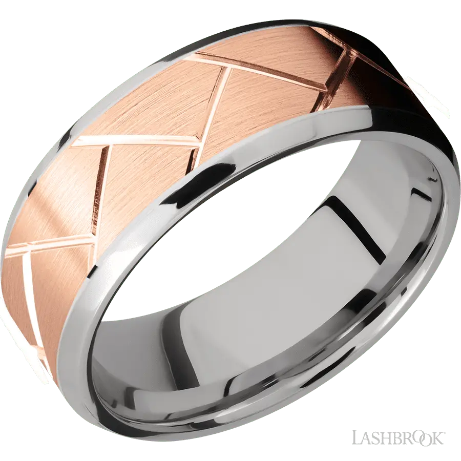 8 mm wide/Beveled/14K White Gold band with one 6 mm Centered inlay of 14K Rose Gold with a machined Flatweave pattern.