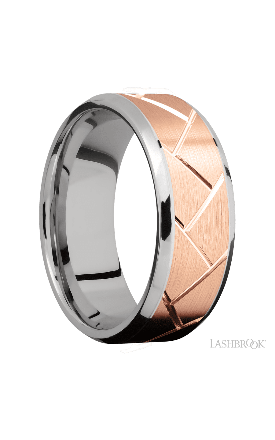 8 mm wide/Beveled/14K White Gold band with one 6 mm Centered inlay of 14K Rose Gold with a machined Flatweave pattern.