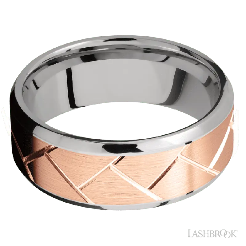 8 mm wide/Beveled/14K White Gold band with one 6 mm Centered inlay of 14K Rose Gold with a machined Flatweave pattern.