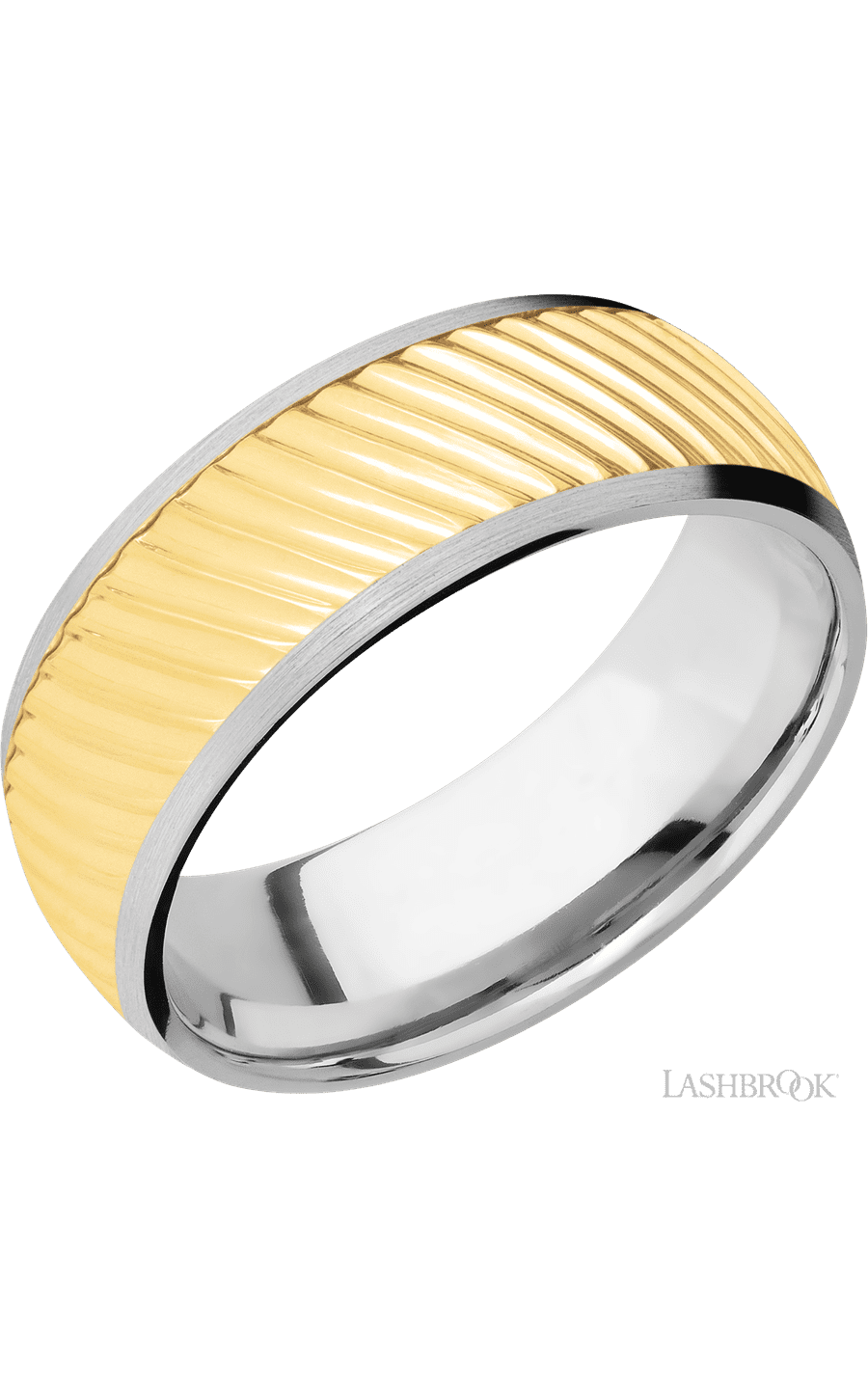 8 mm wide/Domed/14K White Gold band with one 6 mm Centered inlay of 14K Yellow Gold with a machined Ripple pattern.