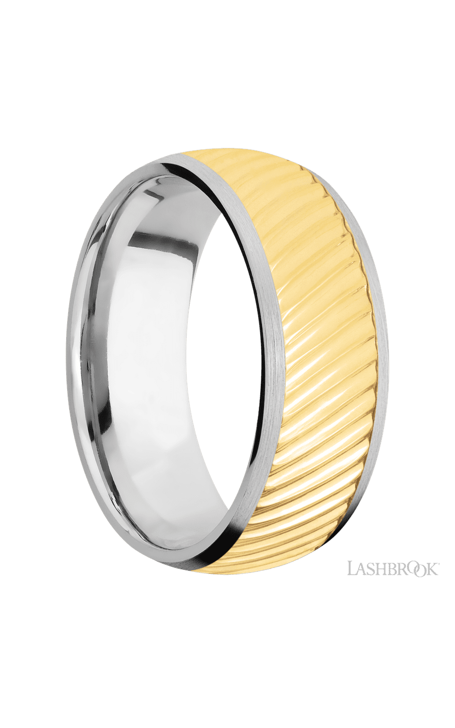 8 mm wide/Domed/14K White Gold band with one 6 mm Centered inlay of 14K Yellow Gold with a machined Ripple pattern.