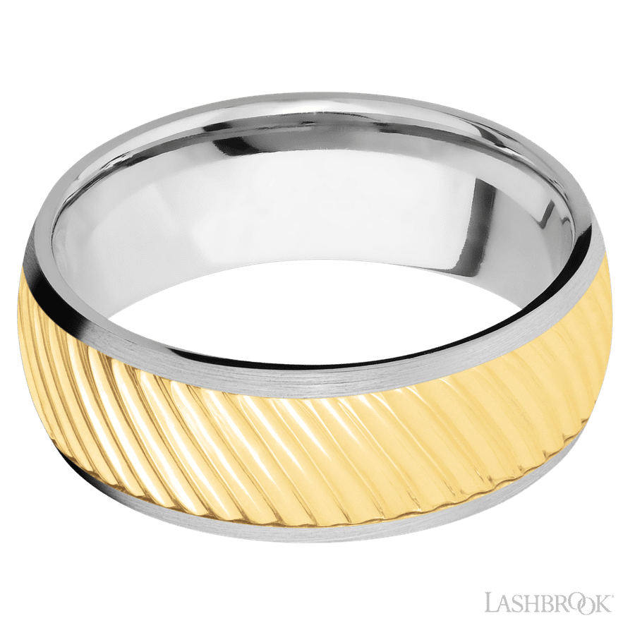 8 mm wide/Domed/14K White Gold band with one 6 mm Centered inlay of 14K Yellow Gold with a machined Ripple pattern.