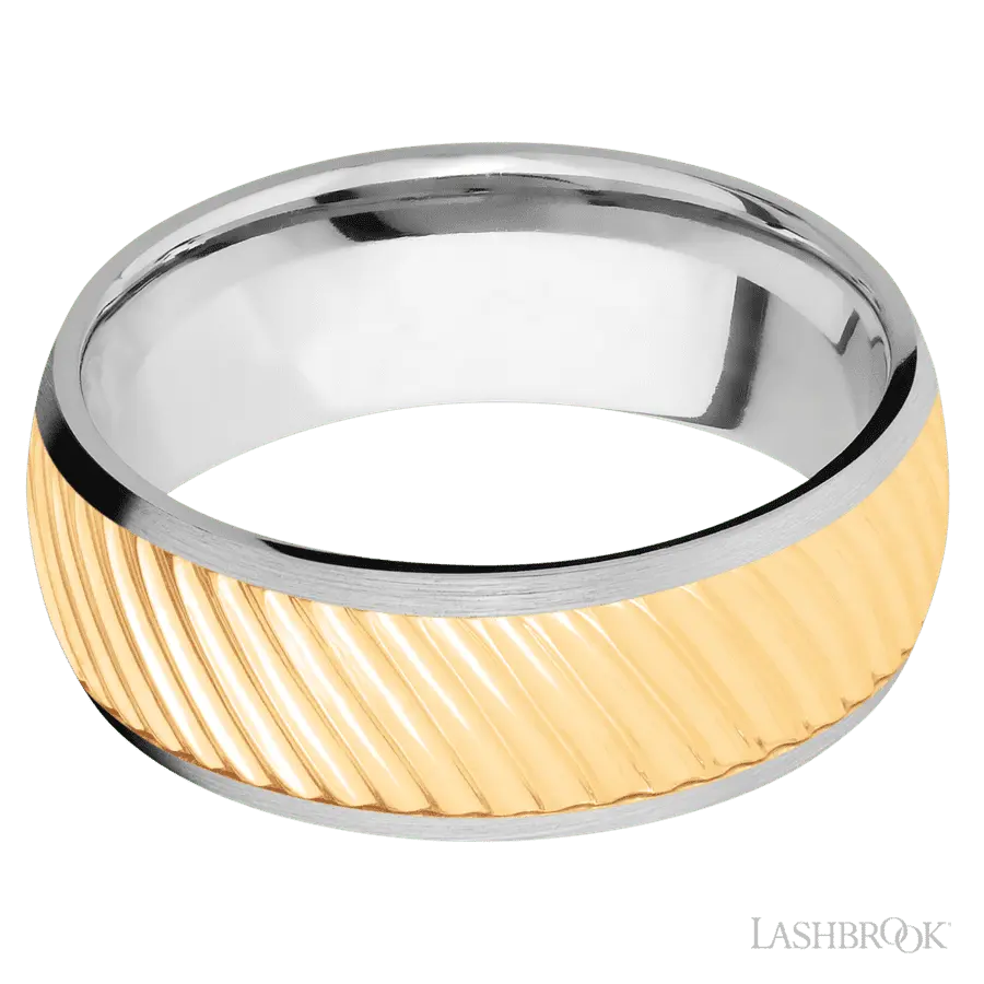 8 mm wide/Domed/14K White Gold band with one 6 mm Centered inlay of 14K Yellow Gold with a machined Ripple pattern.