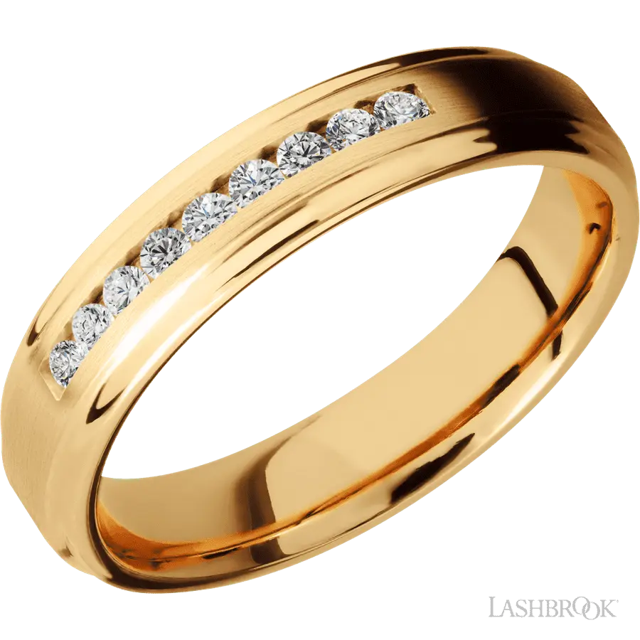 5 mm wide/Flat Grooved Edges/14K Yellow Gold band with an  arrangement of 9, .03 carat Round Diamond stones in a Channel setting.