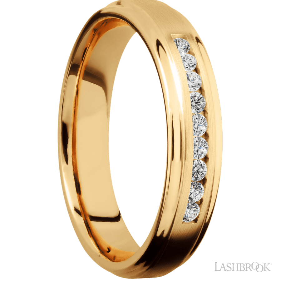 5 mm wide/Flat Grooved Edges/14K Yellow Gold band with an  arrangement of 9, .03 carat Round Diamond stones in a Channel setting.