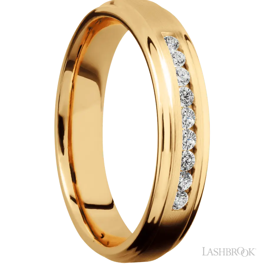 5 mm wide/Flat Grooved Edges/14K Yellow Gold band with an  arrangement of 9, .03 carat Round Diamond stones in a Channel setting.
