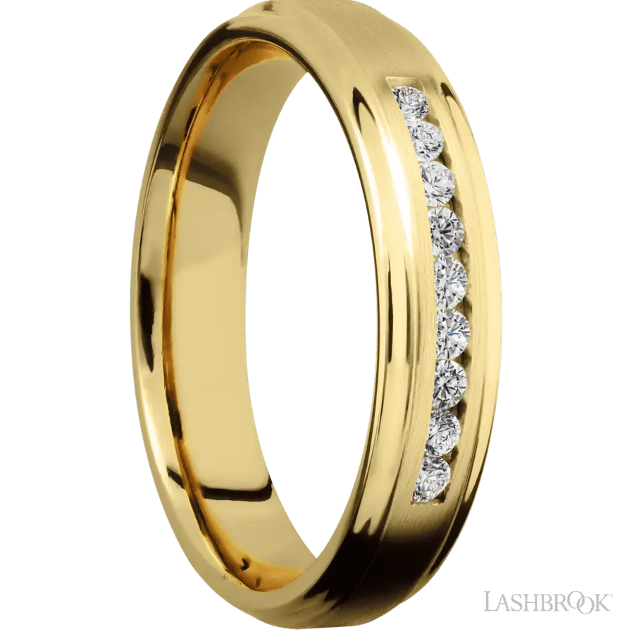 5 mm wide/Flat Grooved Edges/14K Yellow Gold band with an  arrangement of 9, .03 carat Round Diamond stones in a Channel setting. Lashbrook