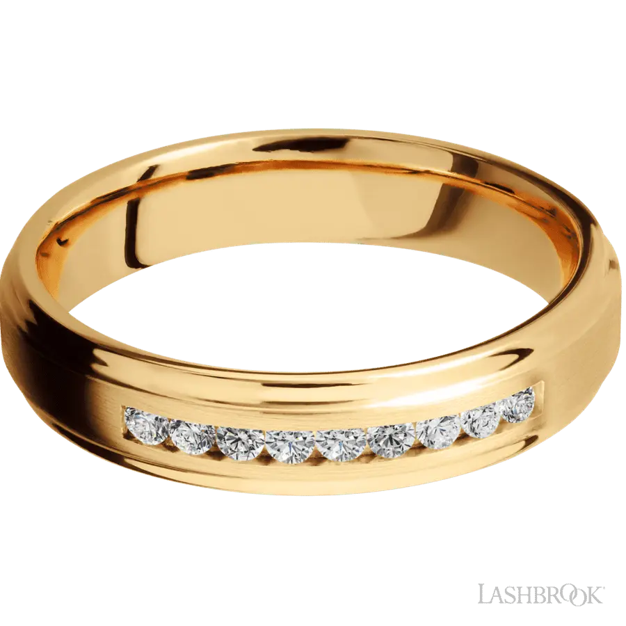 5 mm wide/Flat Grooved Edges/14K Yellow Gold band with an  arrangement of 9, .03 carat Round Diamond stones in a Channel setting.