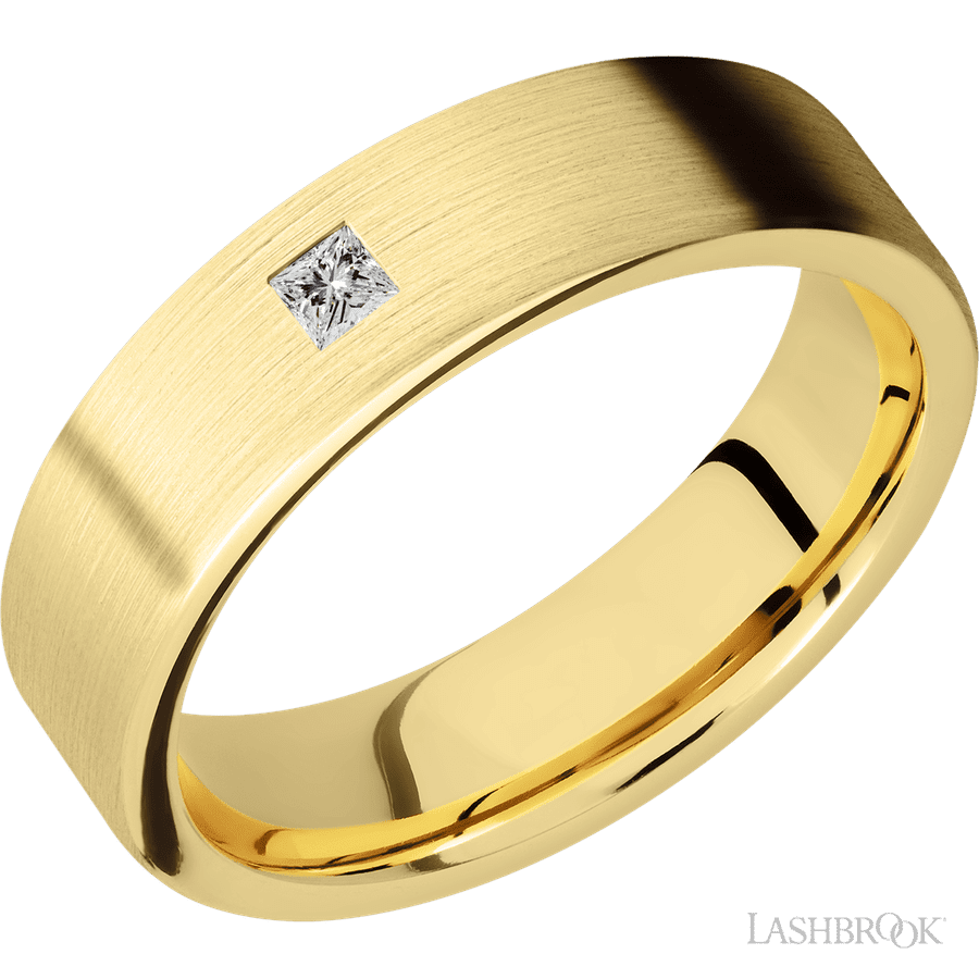 6 mm wide/Flat/14K Yellow Gold band with an  arrangement of 1, .1 carat Princess Diamond stones in a Flush setting.