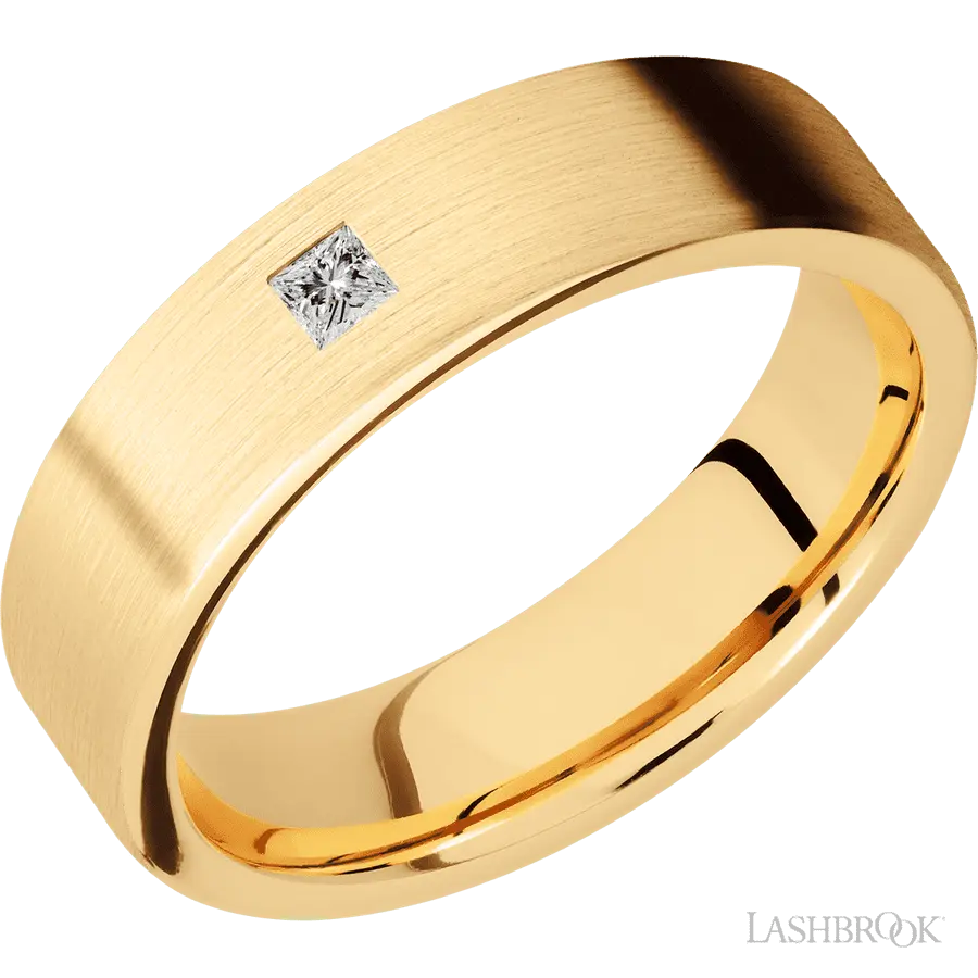 6 mm wide/Flat/14K Yellow Gold band with an  arrangement of 1, .1 carat Princess Diamond stones in a Flush setting.