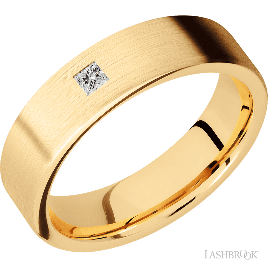 6 mm wide/Flat/14K Yellow Gold band with an  arrangement of 1, .1 carat Princess Diamond stones in a Flush setting.