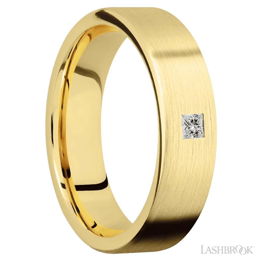 6 mm wide/Flat/14K Yellow Gold band with an  arrangement of 1, .1 carat Princess Diamond stones in a Flush setting.
