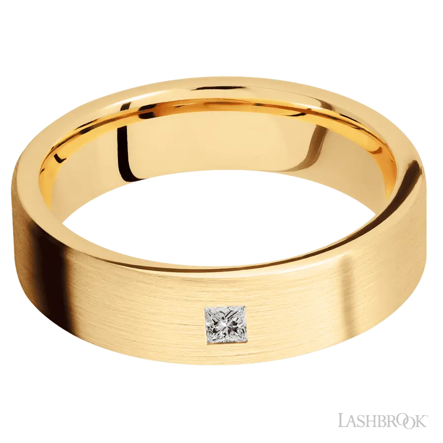 6 mm wide/Flat/14K Yellow Gold band with an  arrangement of 1, .1 carat Princess Diamond stones in a Flush setting.