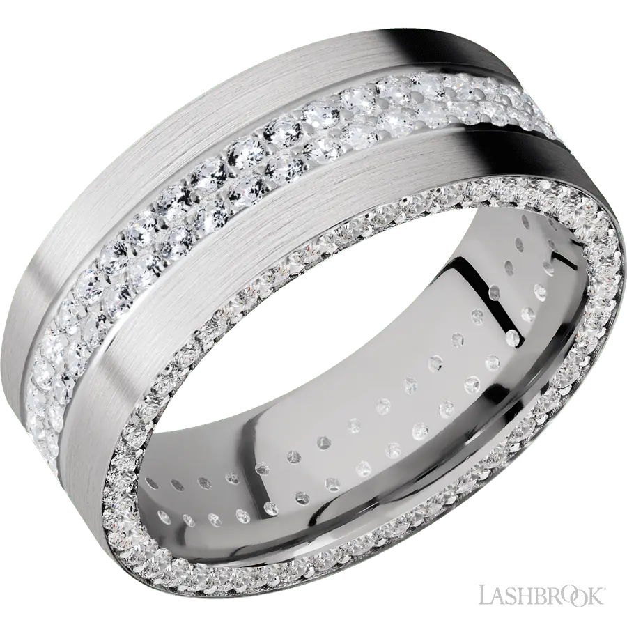 8 mm wide/Flat/14K White Gold band with a Side Eternity arrangement of .01 carat Round Diamond stones in a Bead Channel setting and featuring a a 2 Row Eternity arrangement of .015 carat Round Diamond stones in a Bead Channel setting