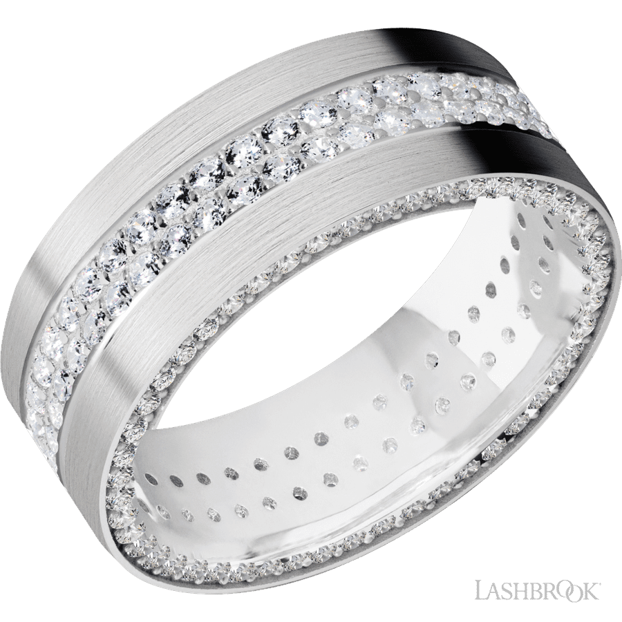 8 mm wide/Flat/14K White Gold band with a Side Eternity arrangement of .01 carat Round Diamond stones in a Bead Channel setting and featuring a a 2 Row Eternity arrangement of .015 carat Round Diamond stones in a Bead Channel setting
